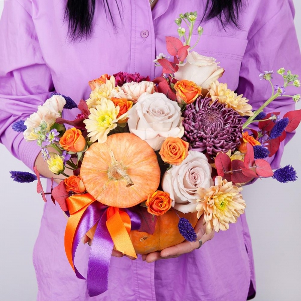 Chrysanthemum Bigoudi purple - 1, Matthiola Lilac - 3, Carnation white, cream - 5, Rose Powder 50 cm Ecuador (Quicksand, Menta) - 4, Spray rose: yellow, orange 50 cm - 2, Baltica Yellow Spray Chrysanthemum - 1, Pumpkin medium (d 20-25 cm), Eucalyptus Cinerea, Dried flowers decor, Ribbon