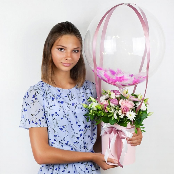 Pink rose 50 cm - 3, Pink Lisianthus (Eustoma) - 3, Bacardi White Spray Chrysanthemum - 1, Round flower box small , Oasis, Film, Pistachio, Ruscus,  Bouvardia, Ribbon, Transparent balloon Bubble with filling