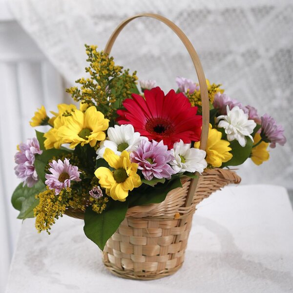 Gerbera pink - 1, Bacardi White Spray Chrysanthemum - 1, Bacardi Yellow Spray Chrysanthemum - 1, Bacardi Pink Spray Chrysanthemum - 1, Small Basket, Oasis, Solidago (1 pc.), Salal