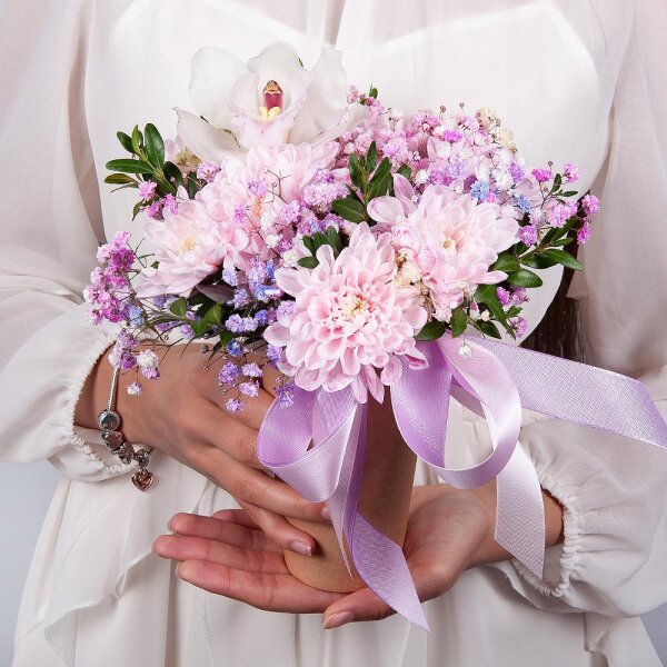 Baltica Pink Spray Chrysanthemum - 1, Colored gypsophila - 2, White Cymbidium Orchid Bud - 1, Cardboard pot (cup), Oasis, Pistachio, Flask for orchids, Ribbon
