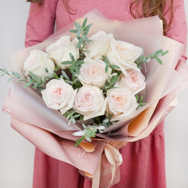 Peony style roses - 13, Eucalyptus parvifolia (1 pc.), Wrapping Paper, Ribbon