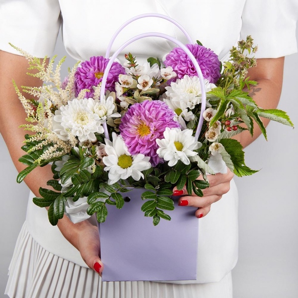 Bacardi White Spray Chrysanthemum - 2, Purple Dahlia - 3, Baltica White Spray Chrysanthemum - 2, Flower bag, Oasis, Astilbe, Pistachio, Waxflower (1 pc.),  Raspberry branch