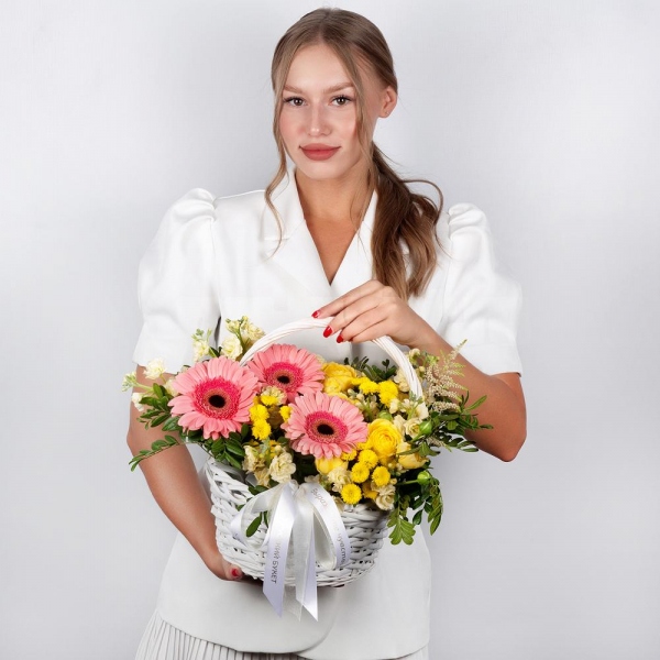 Gerbera pink - 7, Spray rose: yellow, orange 50 cm - 1, White Matthiola - 3, Santini Yellow Spray Chrysanthemum - 7, Small Basket, Oasis, Small Basket, Pistachio, Ribbon, Astilbe