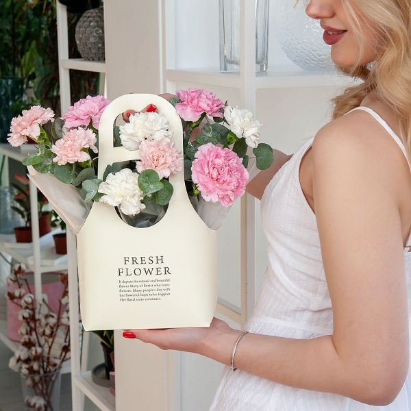 Pink carnation - 5, Carnation white, cream - 10, Flower bag, Oasis, Eucalyptus