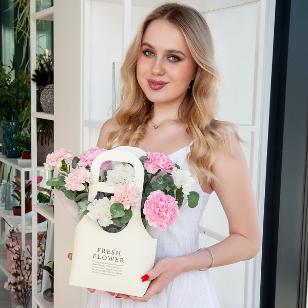 Pink carnation - 5, Carnation white, cream - 10, Flower bag, Oasis, Eucalyptus