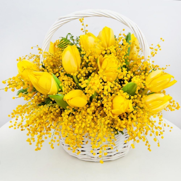 Yellow tulip - 17, Mimosa - 4, Oasis, Medium Basket