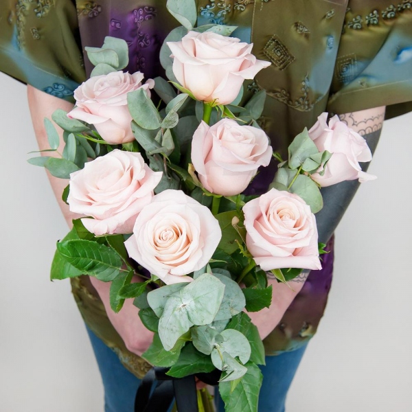 Pink rose 50 cm - 10, Eucalyptus Cinerea, Ribbon