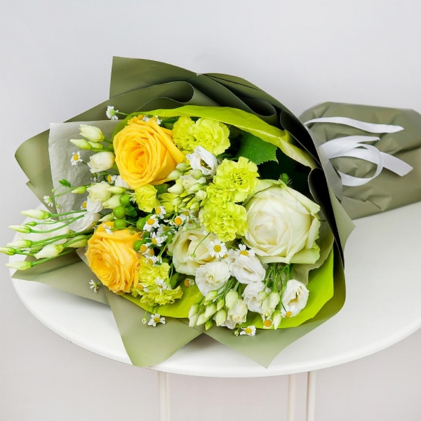 Yellow rose 50 cm - 4, White rose 50 cm - 3, Carnation spray - 5, lisianthus - 5, Chamomile - 4, Hypericum, Wrapping Paper, Ribbon