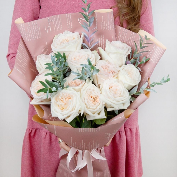 Peony style roses - 19, Eucalyptus populus (1 pc.), Wrapping Paper, Ribbon