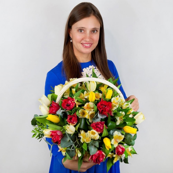 Alstromeria Yellow, Orange - 9, Red tulip - 15, Tulip white - 13, Yellow tulip - 7, Aspidistra (1 pc.), Eucalyptus Cinerea, Pistachio, Large Basket, Oasis, Film