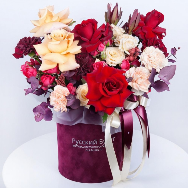 Rose Red 50 cm Ecuador - 4, Cream Rose 50 cm Ecuador (Creme Caramel) - 3, Spray rose: white, cream, light pink 50 cm - 2, Carnation white, cream - 4, Spray rose: red 50 cm - 2, Carnation red - 4, Round flower box small , Oasis, Eucalyptus Cinerea, Leukodendron, Brunia Green Lanuginosa (1 pc.), Wrapping Paper