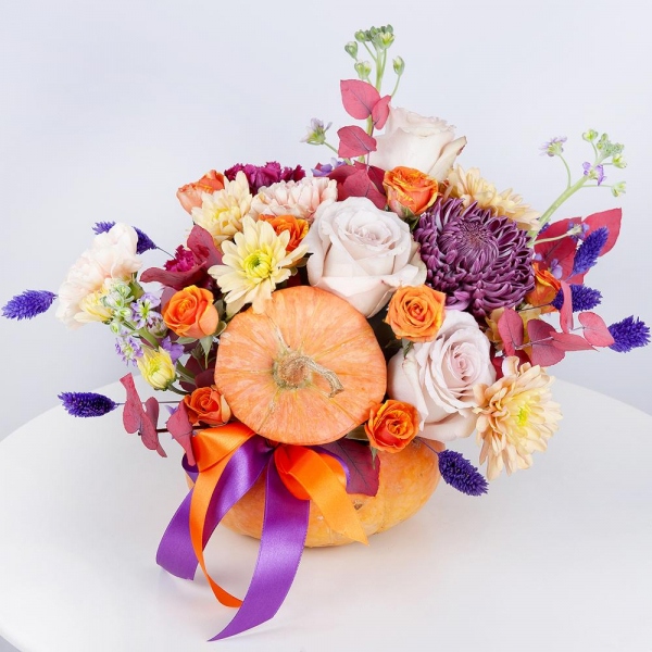 Chrysanthemum Bigoudi purple - 1, Matthiola Lilac - 3, Carnation white, cream - 5, Rose Powder 50 cm Ecuador (Quicksand, Menta) - 4, Spray rose: yellow, orange 50 cm - 2, Baltica Yellow Spray Chrysanthemum - 1, Pumpkin medium (d 20-25 cm), Eucalyptus Cinerea, Dried flowers decor, Ribbon