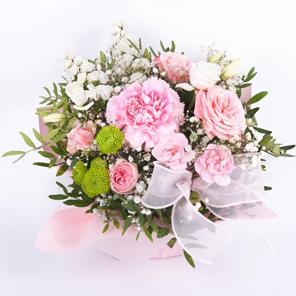 Pink carnation - 1, Gypsophila - 1, Bright pink spray rose mix, 50 cm - 1, Pink spray carnation - 1, Athos pom Feeling Green - 1, White statice, Pistachio, Oasis, Wrapping Paper