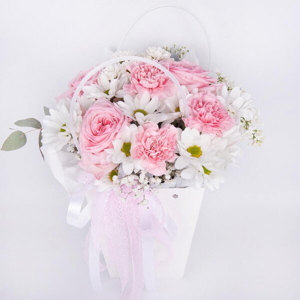 Peony style roses - 3, Pink carnation - 3, Bacardi White Spray Chrysanthemum - 3, Gypsophila - 1, Flower bag, Eucalyptus Cinerea, Oasis, Ribbon