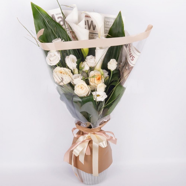 Calla lilies - 3, Peony style roses - 5, lisianthus - 2, Beargrass (1 pc.), Aspidistra (1 pc.), Wrapping Paper, Ribbon