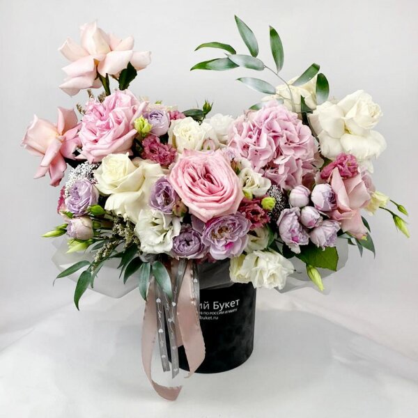 Pink Hydrangea - 1, Peony rose pink 'OHara' - 2, Rose Cream 50 cm - 3, White rose 50 cm - 4, Spray peony rose Lavander, 50 cm - 4, lisianthus - 2, Pink Lisianthus (Eustoma) - 3, Round flower box small , Oasis, Ruscus italian, Ozotamnus, Ribbon