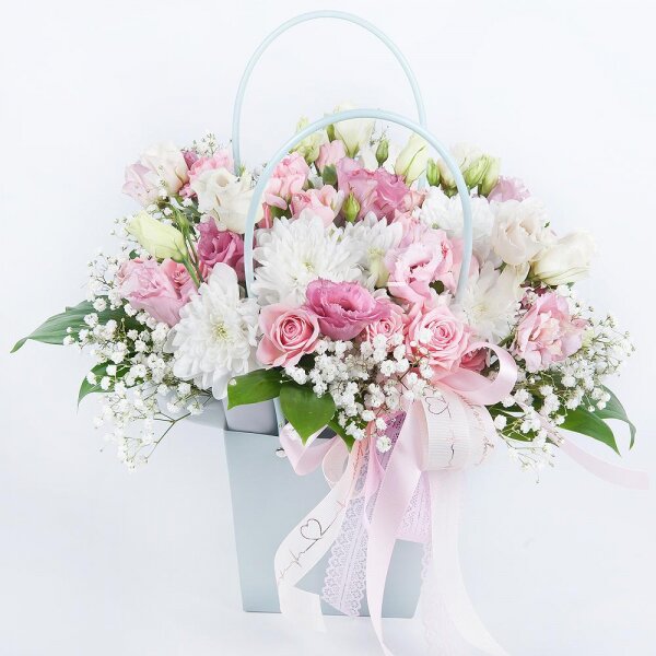 Gypsophila - 1, Baltica White Spray Chrysanthemum - 3, Bright pink spray rose mix, 50 cm - 3, Pink Lisianthus (Eustoma) - 2, Pink spray carnation - 4, Flower bag, Oasis, Ruscus, Ribbon