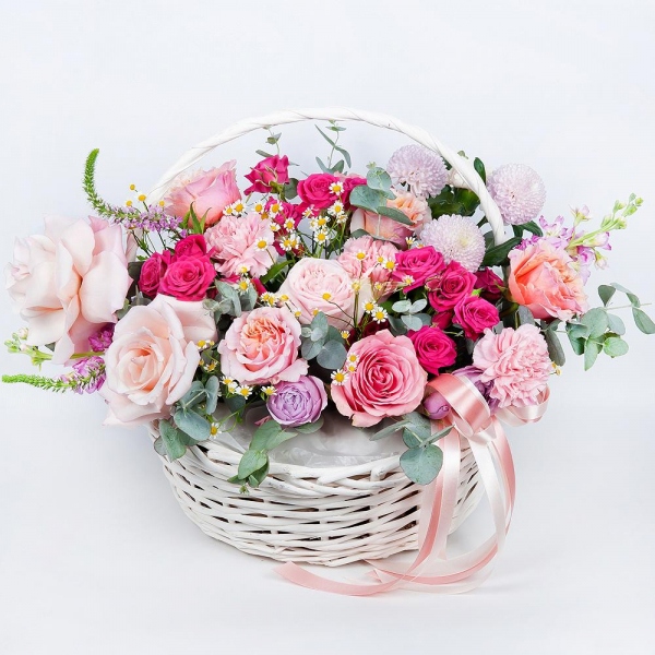 Matthiola Lilac - 2, Chamomile - 2, Bright pink spray rose mix, 50 cm - 4, Spray peony rose Lavander, 50 cm - 2, Momoko Chrysanthemum - 4, Pink carnation - 4, Rose Pink 50 cm Ecuador (Chelo, Hermosa, Novia, Titanik, Engagement, Pink Mondiale) - 12, Carnation white, cream - 3, Medium Basket, Oasis, Wrapping Paper, Ribbon, Eucalyptus Cinerea, Veronica spray