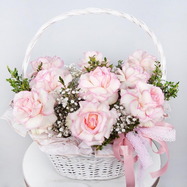 Rose Esperance - 9, Gypsophila - 3, Medium Basket, Pistachio, Oasis, Wrapping Paper
