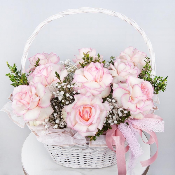 Rose Esperance - 11, Gypsophila - 3, Medium Basket, Pistachio, Oasis, Wrapping Paper