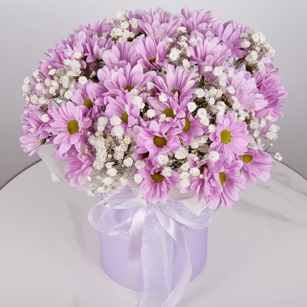 Bacardi Pink Spray Chrysanthemum - 5, Gypsophila - 6, Round flower box small , Oasis, Wrapping Paper