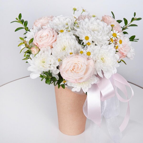 Baltica White Spray Chrysanthemum - 2, Peony sprayrose - 1, Chamomile - 2, Cardboard pot (cup), Oasis, Oasis, Ribbon, Pistachio
