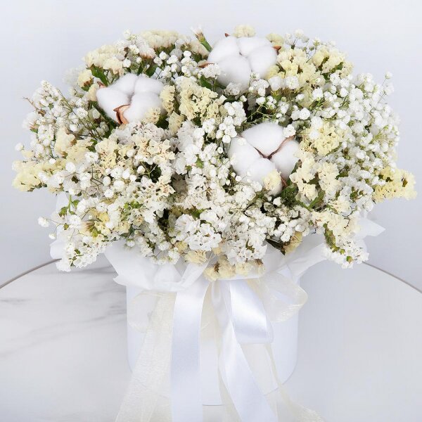 Gypsophila - 2, Round flower box small , Oasis, White statice, Cotton bud, Wrapping Paper
