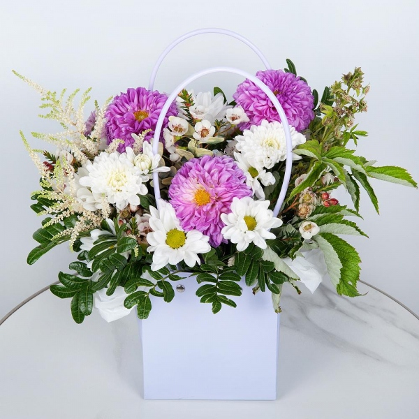 Bacardi White Spray Chrysanthemum - 1, Purple Dahlia - 3, Baltica White Spray Chrysanthemum - 1, Flower bag, Oasis, Astilbe, Pistachio, Waxflower (1 pc.),  Raspberry branch