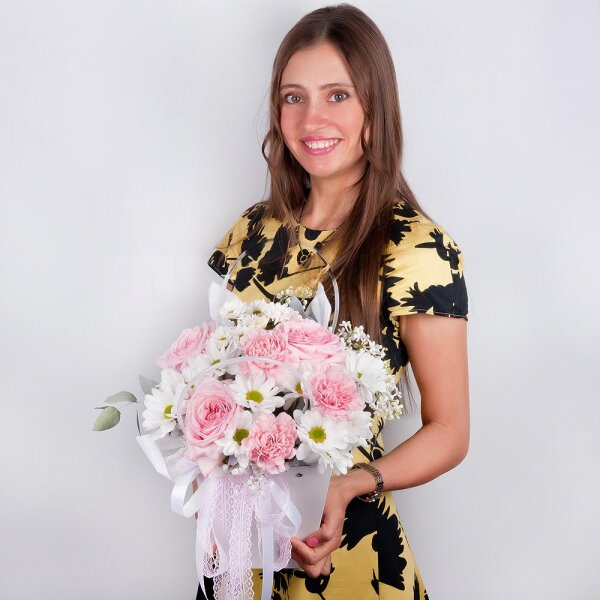 Peony style roses - 3, Pink carnation - 3, Bacardi White Spray Chrysanthemum - 3, Gypsophila - 1, Flower bag, Eucalyptus Cinerea, Oasis, Ribbon