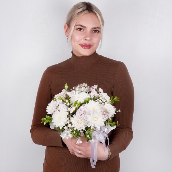 Baltica White Spray Chrysanthemum - 1, Gypsophila - 1, Matthiola Lilac - 2, Cardboard pot (cup), Oasis, Pistachio, Wrapping Paper