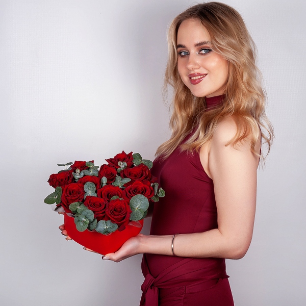 Red rose 50 cm - 11, Composition Box, Oasis, Eucalyptus