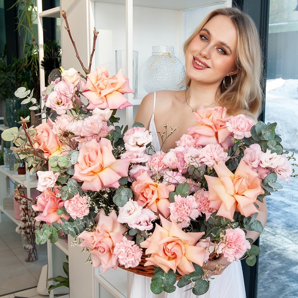 Pink rose 70 cm Ecuador  - 9, Pink Lisianthus (Eustoma) - 4, Pink carnation - 13, Medium Basket, Oasis, Limonium (1 pc.), Eucalyptus