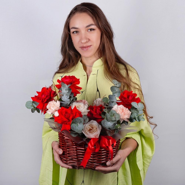 Rose Red 50 cm Ecuador - 7, Peony style roses - 3, Pink carnation - 9, Small Basket, Oasis, Eucalyptus, Asparagus umbelatus (1 pc.), Wrapping Paper