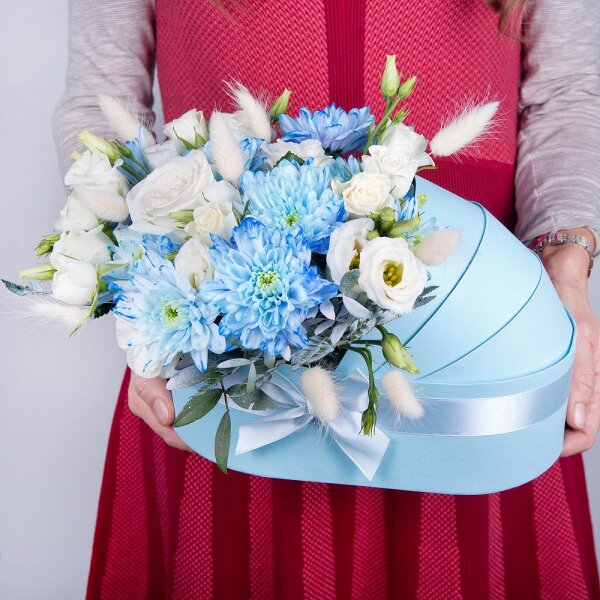 Chrysanthemum spray Baltica painted blue - 2, Spray rose: white, cream, light pink 50 cm - 2, White rose 50 cm - 2, lisianthus - 1, Composition Box, Oasis, Pistachio, Fern (1 pc.), Dried flowers decor