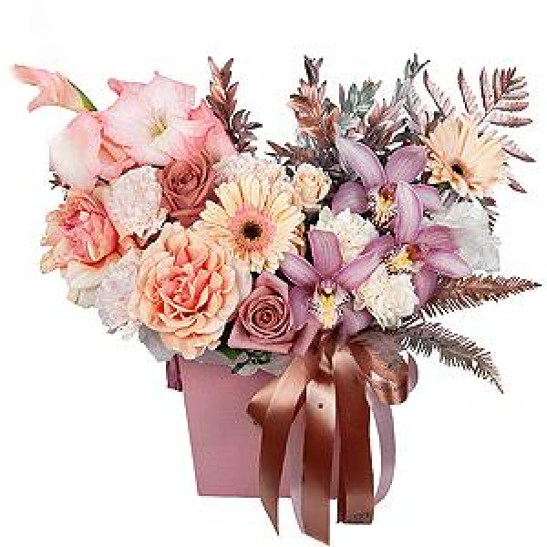 Rose Pink 50 cm Ecuador (Chelo, Hermosa, Novia, Titanik, Engagement, Pink Mondiale) - 6, Carnation white, cream - 10, Pink Gladiolus - 2, Pink Cymbidium Orchid Bud - 3, Gerbera pink - 4, Spray rose: white, cream, light pink 50 cm - 1, Flask for orchids, Fern (1 pc.), Pistachio, Composition Box, Oasis, Ribbon
