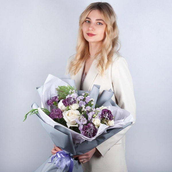 Peony style roses - 3, Spray rose: white, cream, light pink 50 cm - 2, Lilac carnation - 9, Matthiola Lilac - 2, Thuja, White statice, Wrapping Paper