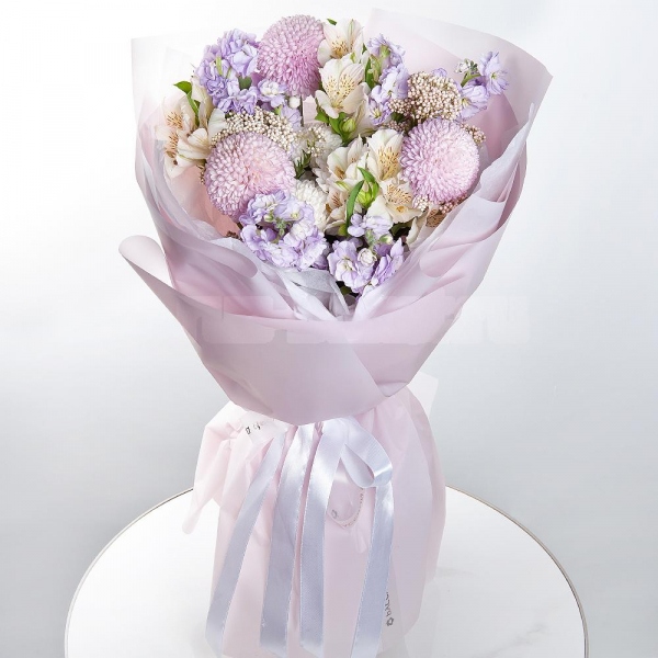 Momoko Chrysanthemum - 3, Baltica White Spray Chrysanthemum - 1, Matthiola Lilac - 3, Alstromeria white, soft pink - 7, Ozotamnus, Wrapping Paper
