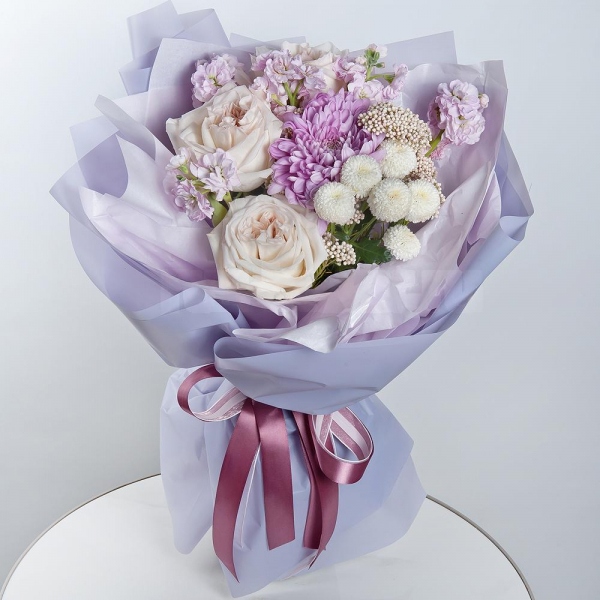 Magnum Purple Chrysanthemum - 1, Peony style roses - 7, Matthiola Lilac - 2, Newton White Spray Chrysanthemum - 1, Ozotamnus, Wrapping Paper