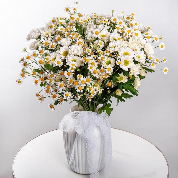 Santini White Spray Chrysanthemum - 8, Chamomile - 7, Ribbon