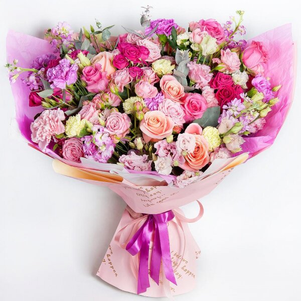 Green carnation - 4, Bright pink spray rose mix, 50 cm - 10, Pink rose 50 cm - 5, Rose Cream 50 cm - 4, Matthiola Lilac - 5, Pink Lisianthus (Eustoma) - 3, Santini White Spray Chrysanthemum - 3, Pink carnation - 4, Lilac carnation - 5, Eucalyptus Cinerea, Wrapping Paper