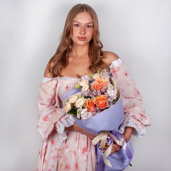 Pink-orange rose Phoenix 50 cm - 3, Spray rose: white, cream, light pink 50 cm - 2, Alstromeria lilac, purple - 7, Matthiola Lilac - 3, Baltica White Spray Chrysanthemum - 1, Wrapping Paper