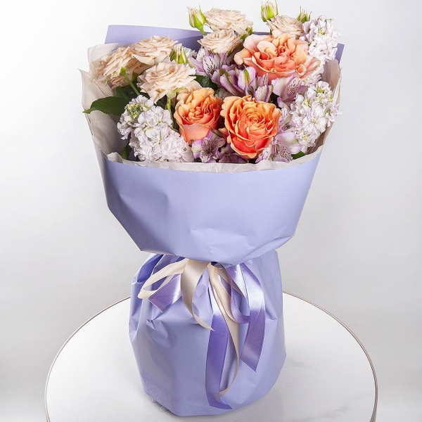 Pink-orange rose Phoenix 50 cm - 3, Spray rose: white, cream, light pink 50 cm - 2, Alstromeria lilac, purple - 7, Matthiola Lilac - 3, Baltica White Spray Chrysanthemum - 1, Wrapping Paper