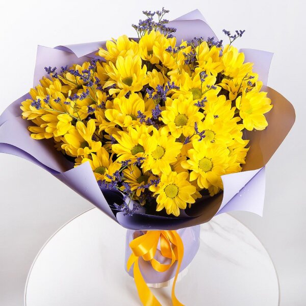 Bacardi Yellow Spray Chrysanthemum - 5, Limonium (1 pc.), Wrapping Paper