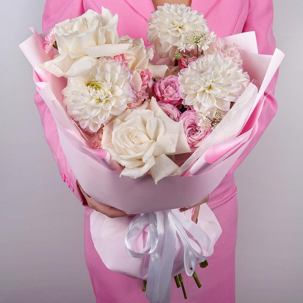 White rose 50 cm Ecuador - 3, White Dahlia - 3, Peony sprayrose - 1, Pink Lisianthus (Eustoma) - 2, Pink spray carnation - 3, Baltica White Spray Chrysanthemum - 1, Wrapping Paper