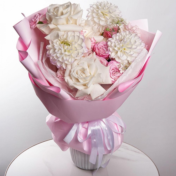 White rose 50 cm Ecuador - 3, White Dahlia - 3, Peony sprayrose - 1, Pink Lisianthus (Eustoma) - 2, Pink spray carnation - 3, Baltica White Spray Chrysanthemum - 1, Wrapping Paper