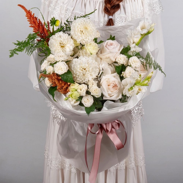 White Dahlia - 5, White Gladiolus - 2, Peony style roses - 3, lisianthus - 2,  White Hydrangea - 1, Spray rose: white, cream, light pink 50 cm - 6, Astilbe, Asparagus setaceus (1 pc.), Pistachio, Wrapping Paper