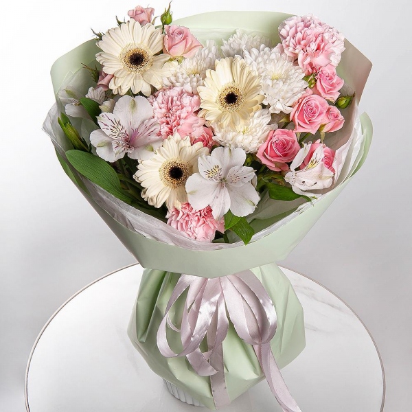 Gerbera white - 3, Pink carnation - 5, Alstromeria white, soft pink - 4, Bright pink spray rose mix, 50 cm - 3, Baltica White Spray Chrysanthemum - 1, Wrapping Paper