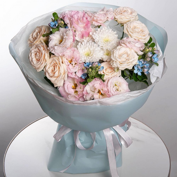 Peony sprayrose - 2, Pink Lisianthus (Eustoma) - 2, Baltica White Spray Chrysanthemum - 3, Oksipetalum, Wrapping Paper