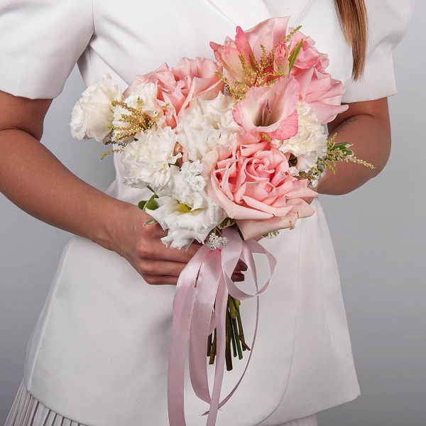 Rose Pink 50 cm Ecuador (Chelo, Hermosa, Novia, Titanik, Engagement, Pink Mondiale) - 5, Pink Gladiolus - 1, lisianthus - 3, Carnation white, cream - 5, Astilbe, Ribbon