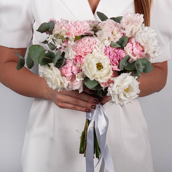 Pink carnation - 5, Pink spray carnation - 5, lisianthus - 3, Peony sprayrose - 1, Pink Lisianthus (Eustoma) - 3, Eucalyptus, Limonium (1 pc.), Ribbon